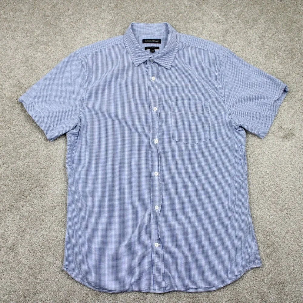 Banana Republic Grant Slim Fit Shirt Men Large Blue/White Checkered Textured S/S